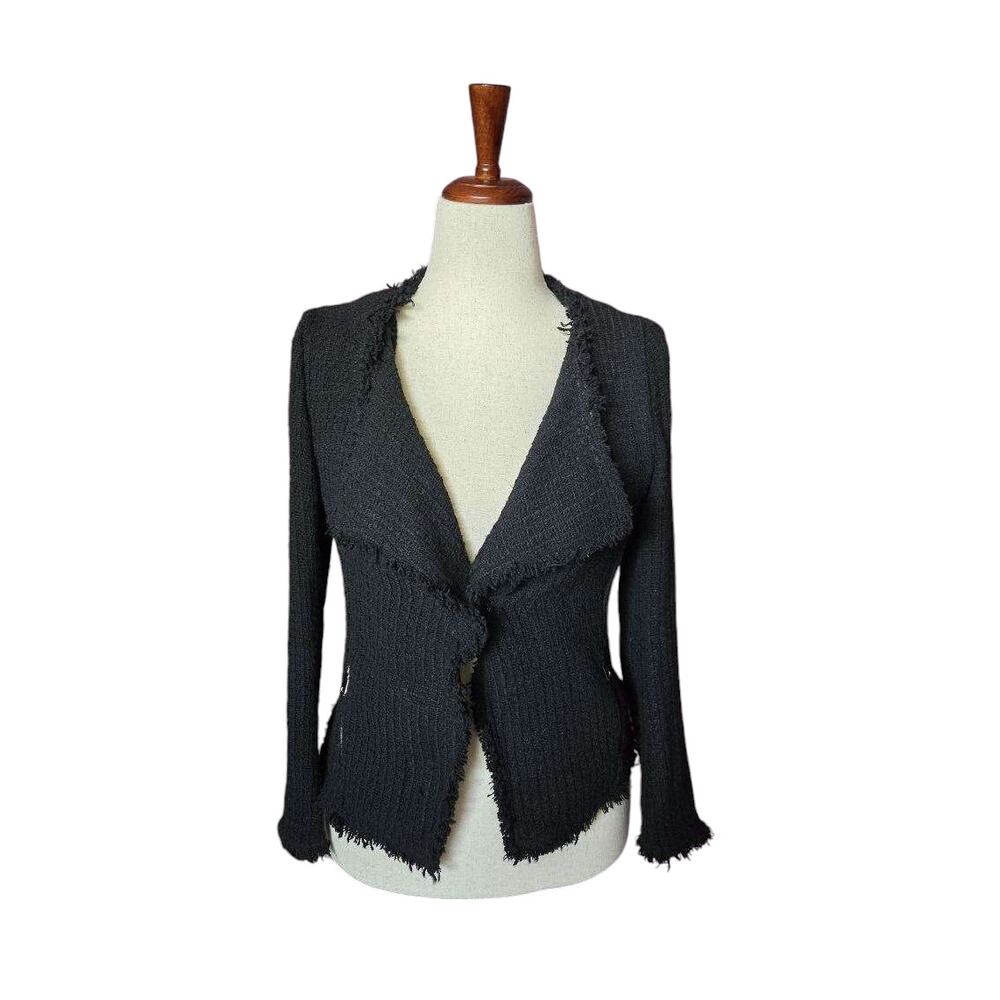 Zara Jacket‎ Womens S Boucle Tweed Blazer Fringe Fairygrunge Office Siren Black